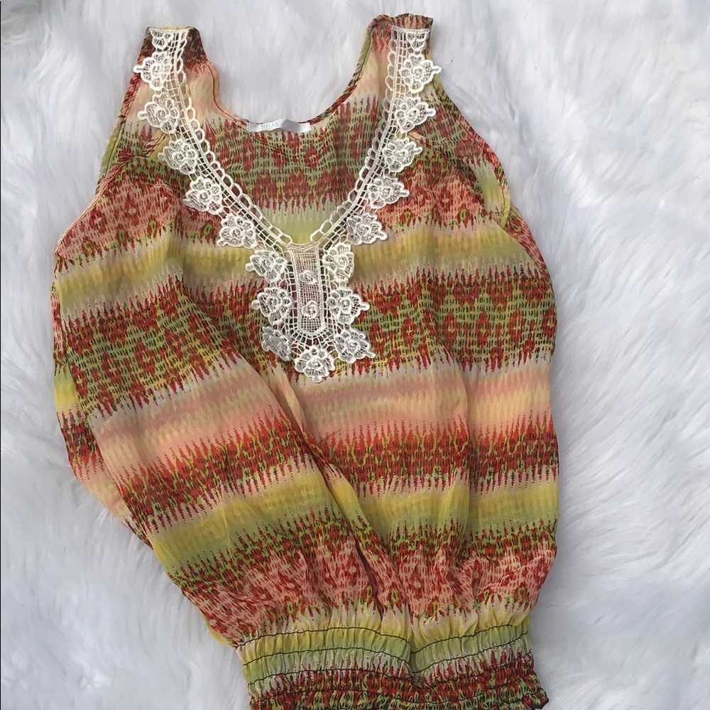  Sheer Green Orange Embroidered Neck Blouse